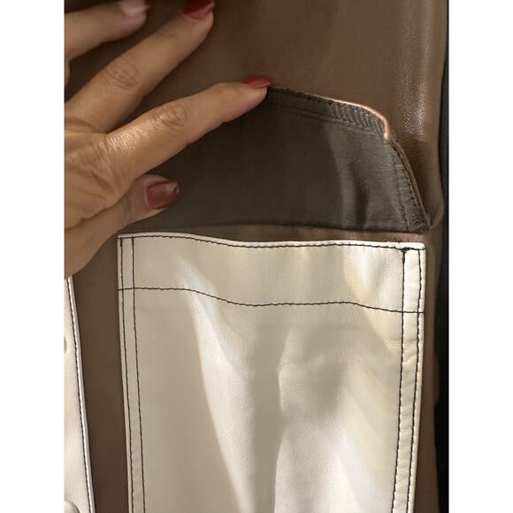 SFIZIO Women's Brown Color Block Faux Leather Patchwork Shacket Size Medium NWOT - Picture 12 of 14